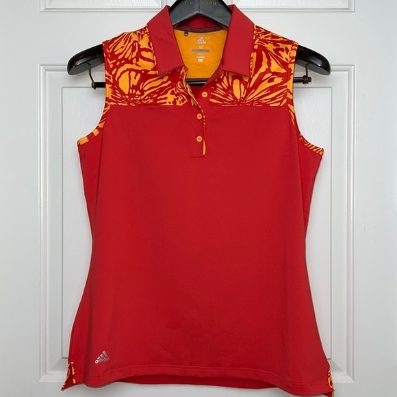 adidas Tops - Adidas Golf Sleeveless Polo Top Size Medium Orange and Yellow Design